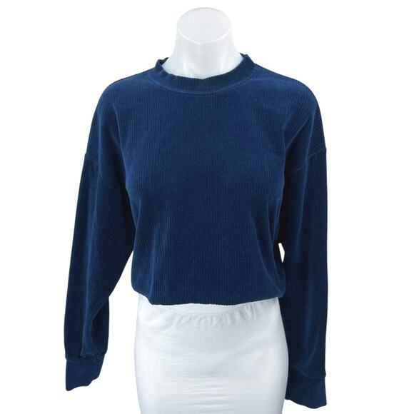 Leset Sophie Blue Ribbed Knit Long Sleeve Cropped Sweatshirt Sweater Top Size XS - Picture 1 of 4